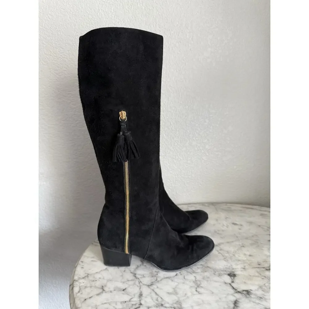 Stuart Weitzman Black Suede Knee High Boots Size 8.5 Tassel Side Zip Block Heel
